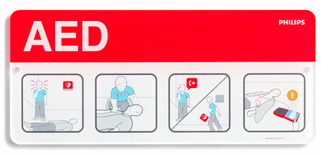 Instructions for AED use: call emergency services, begin CPR, and utilize the Philips defibrillator from Philips. Adhere closely to the guidelines on the Philips AED Awareness Sign Placard - Red, and continue following these instructions until assistance arrives.