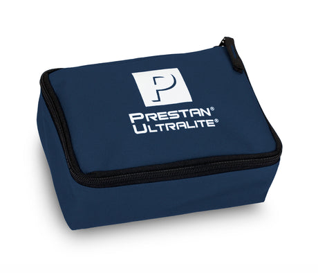 The Prestan Ultralite Piston Case, blue bag, by Prestan showcases a sleek design with a black zipper and prominently displays the white logo on its blue background.