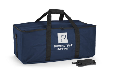 The blue rectangular carrying case labeled "Prestan Professional Infant Manikin" features black handles and comes with a black strap, designed to accommodate a four-pack of Prestan Infant Manikins.