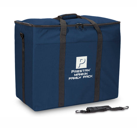 Blue carry bag with black straps labeled "Single blue bag for the Prestan Professional Family Pack.