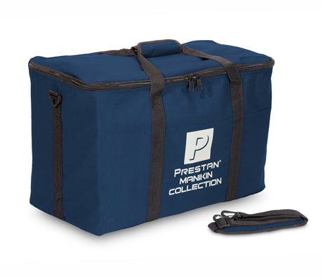 The Single blue bag for the Prestan Professional Collection, by Prestan, features black handles and a detachable shoulder strap, with the Prestan logo prominently displayed on the front.