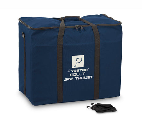 Prestan Adult Jaw Thrust Carry Bag for 4-Pack Manikins in blue, equipped with a handle and zippers, includes a jaw thrust design and is accompanied by a small, folded black item.