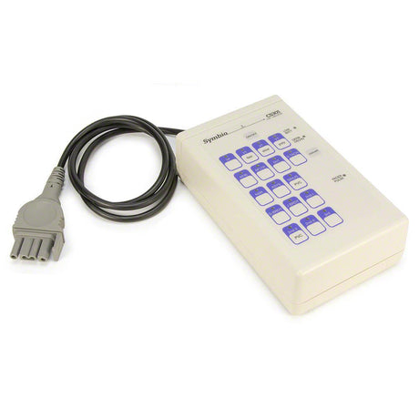 The Physio-Control LIFEPAK 12/15/20/1000 Quick-Combo 3-Lead Patient Simulator by Physio-Control/STRYKER features a vintage Synchro handheld control device with a keypad and attached cable, set against a white background, perfect for use in heart rhythm simulation applications with LIFEPAK defibrillator simulators.