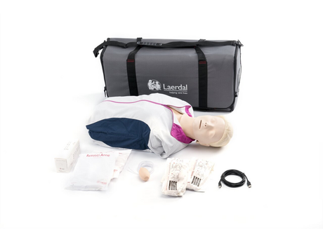 The Laerdal Resusci Anne QCPR Torso – Rechargeable is displayed on a white background, featuring real-time QCPR feedback for enhanced learning, and comes with CPR training accessories and a carry bag.