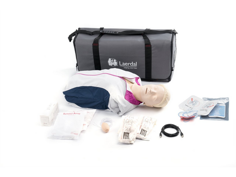 The Resusci Anne QCPR AED Torso by Laerdal comes with a mannequin, a gray bag, an AED trainer, a QCPR device, and medical accessories for comprehensive resuscitation practice.