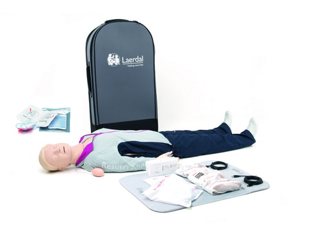 Laerdal's Resusci Anne QCPR Full Body mannequin, complete with accessories, includes QCPR feedback capabilities and comes with a Laerdal carrying case, set against a white background.