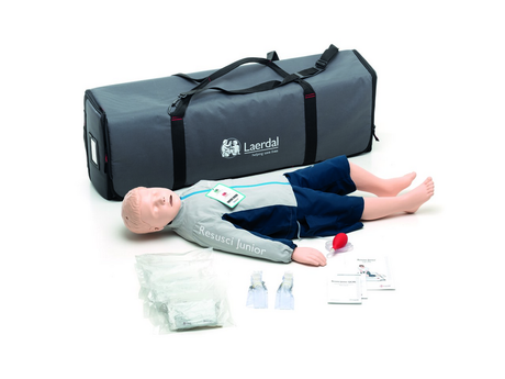 The Resusci Junior QCPR by Laerdal includes accessories and a carrying bag, providing real-time feedback for effective resuscitation training.