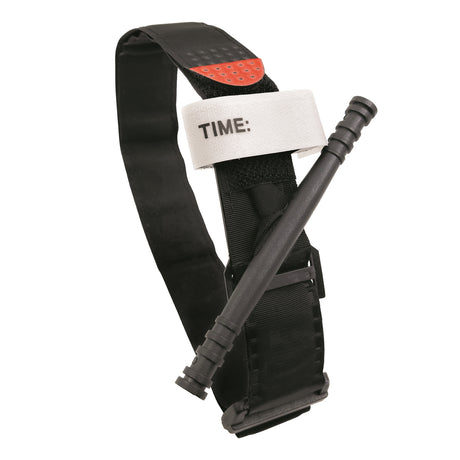 Designed for limb trauma care, the AED Shop Tourniquet - Windlass style is black and features a white label with "TIME:" printed on it, ensuring quick response during a traumatic bleeding event.