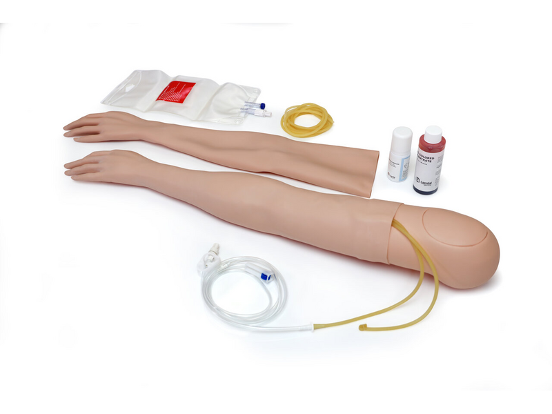 Laerdal's Female Multi-Venous IV Training Arm Kit features a synthetic arm reproduction, complete with tubing, simulated blood bags, and solution bottles on a white background, ideal for mastering intravenous therapy techniques.