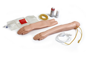 The Laerdal Pediatric Multi-Venous IV Training Arm Kit includes two model arms designed for mastering venipuncture techniques, along with tubes and fluid containers. It also features a pediatric arm replica to improve peripheral intravenous therapy skills.