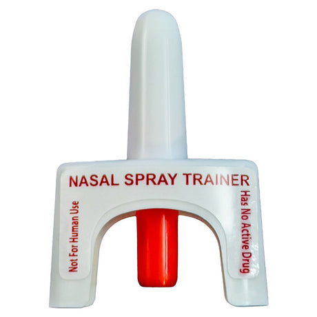 The AED Shop Nasal Spray Training Device for Naloxone/Opioid—white and red, labeled "Not for human use" and "Has no active drug." Perfect for opioid overdose or anaphylaxis training scenarios.