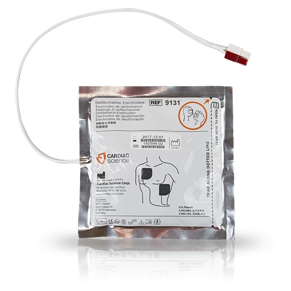 A sealed packet of Cardiac Science G3 AED Defibrillation Pads with an attached cable and illustrated instructions ensures you're Rescue Ready.