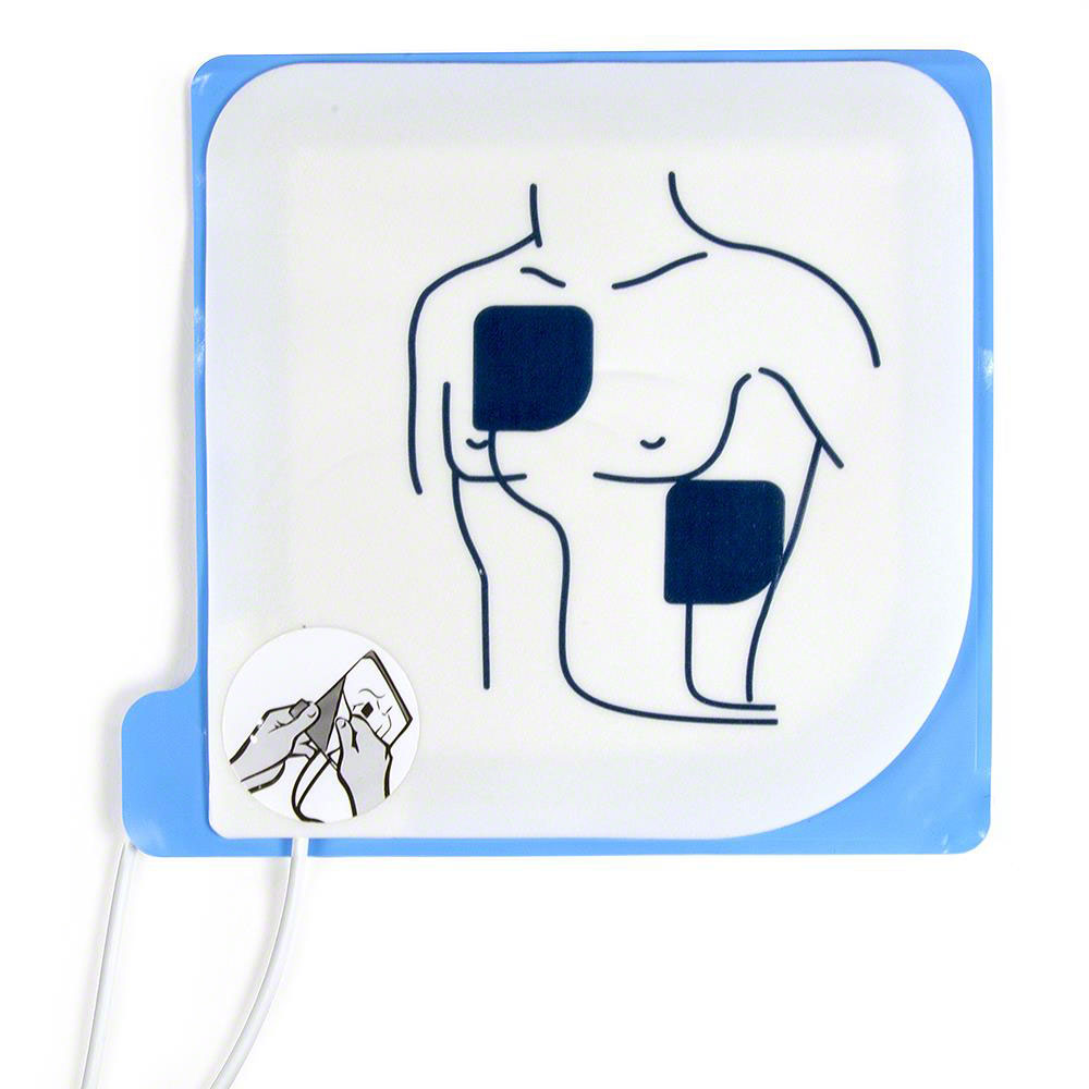 Diagram showing electrode pad placement on the chest using Cardiac Science G3 AED Defibrillation Pads. Image includes step-by-step instructions in a small inset, ensuring Rescue Ready preparedness by Cardiac Science.