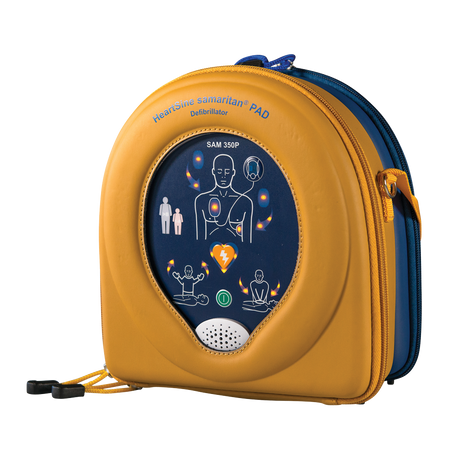 Yellow and blue defibrillator case with instructional graphics on the front, featuring HeartSine Aviation AED's portable defibrillation technology.