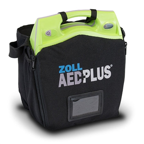 A recertified ZOLL AED Plus Encore Series semi-automatic defibrillator in a black carry case with a green handle.