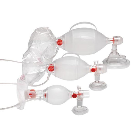 Three AMBU Spur II (Single Patient Use Resuscitators) by Ambu, featuring clear masks and SEBS Polymer valves, are arranged horizontally on a white background to ensure minimal cross-contamination.