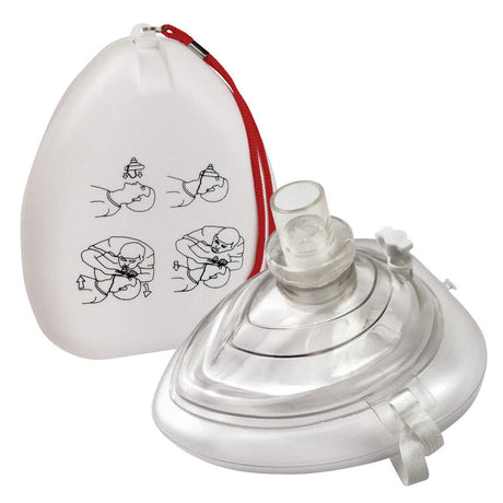 AED Shop's CPR Face Mask comes in a white case with illustrated instructions and features a one-way valve. It also includes a red strap for convenience.