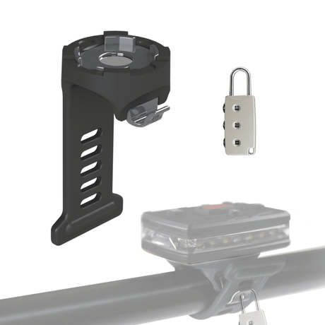 Guardian Angel's Bike/Rail Rubber Strap Mount with Magnetic Mount: A durable black bicycle mount featuring a sturdy rubber base and innovative magnetic technology, paired with a secure padlock on a white background, ensuring reliable stability.
