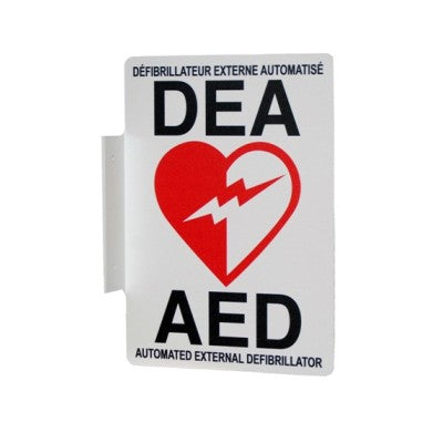 The Philips AED Wall Sign, bilingual (French/English) by Philips, is a flanged style sign measuring 5" x 7" that features a red heart with a white lightning bolt and the text "DEA AED Automated External Defibrillator.
