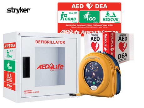 AED station featuring the portable HeartSine Samaritan 350P - Complete Package, complete with instructions and device in a yellow carrying case.