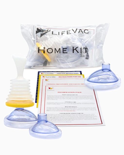 The LifeVac Airway Clearance Device Home Kit by The AED Shop is essential choking emergency safety equipment, featuring a non-invasive suction device, instructions, and multiple masks displayed on a white background.