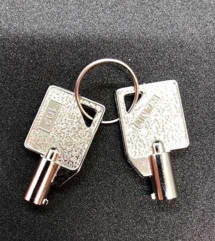 A pair of Key 102 keys from AED Shop, attached to a keyring, placed on a dark surface.
