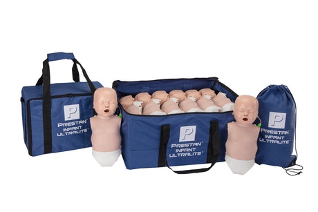 The PRESTAN INFANT Ultralite Manikin 12 pack by Prestan includes training mannequins for CPR practice, packaged in blue bags labeled "PRESTAN INFANT ULTRALITE." These mannequins feature a medium skin color and are equipped with CPR monitors for enhanced training efficiency. Each bag comes with labels and carrying handles.