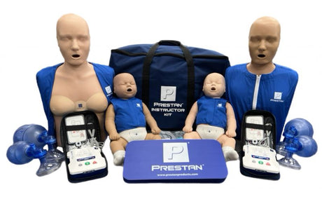 The PRESTAN Instructor Kit& combines our most popular CPR training manikins (two Professional Adults w/ Female Accessory & two Professional Infants) along with two AED UltraTrainers® and a collection of the most commonly used CPR Training Supplies in one single collection, packaged in a heavy-duty canvas bag with wheels; telescoping handle for enhanced portability