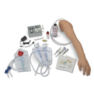 Life/form Advanced Venipuncture and Injection Arm with IV Arm Circulation Pump - Light Arm by AED Shop is shown on a white background, including IV bags, syringes, tubing, and a control module for venous access practice.