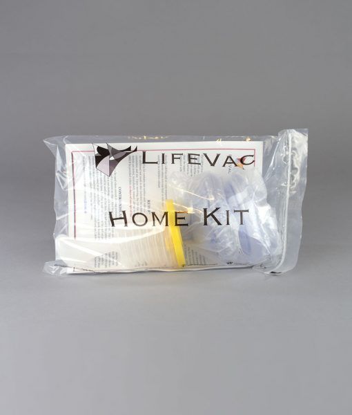 The AED Shop's LifeVac Airway Clearance Device Home Kit, a crucial tool for choking emergencies, comes neatly packaged in a clear plastic bag against a gray background.