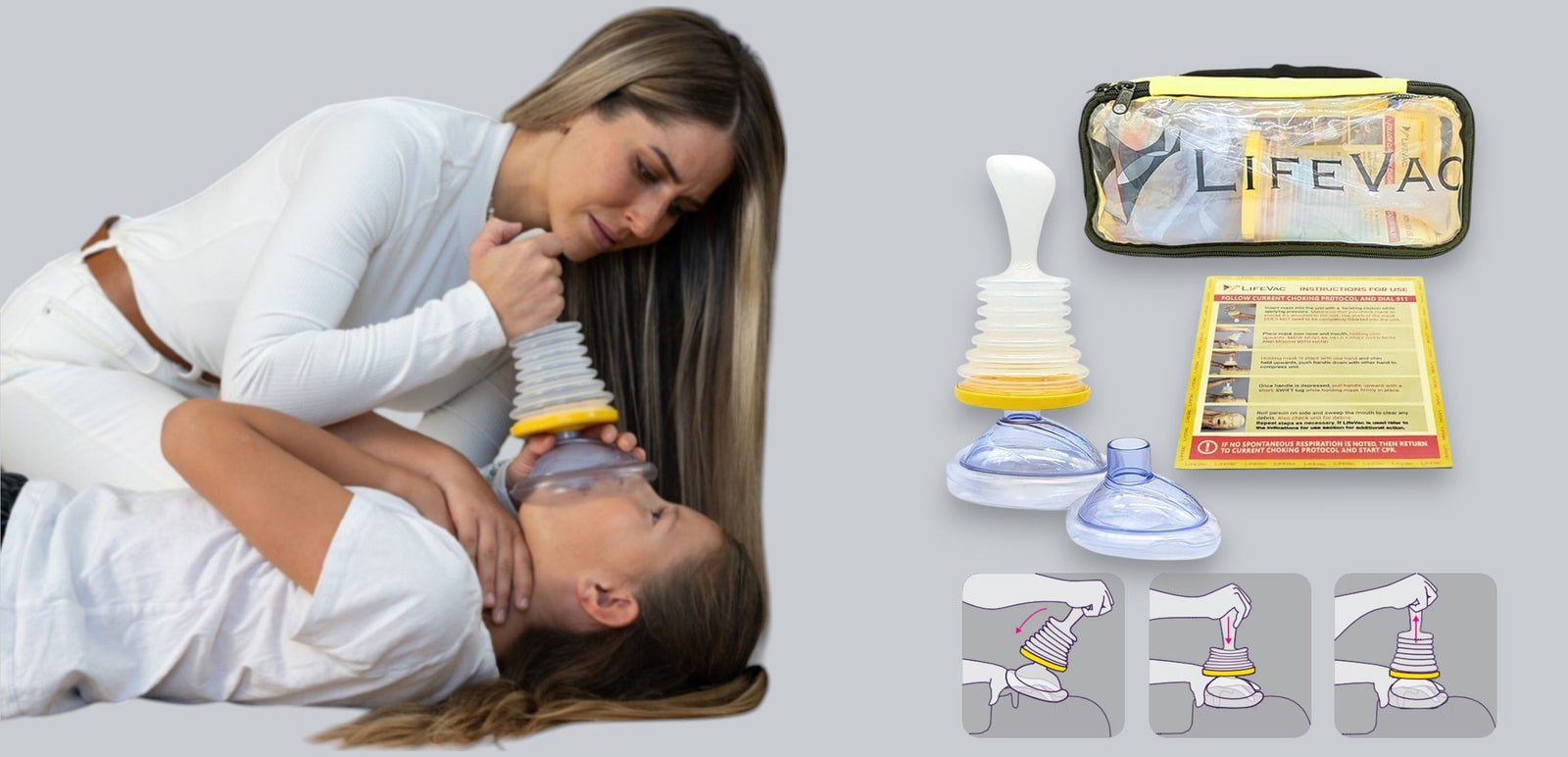 During a choking emergency, a woman uses The AED Shop's LifeVac Airway Clearance Device Home Kit on a girl, with the kit and usage instructions visible nearby.