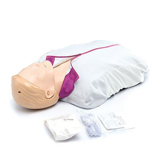 The Laerdal Little Anne QCPR mannequin, complete with medical accessories, is an essential tool for effective CPR training against a white backdrop. The integrated QCPR Training app enhances the learning experience and ensures precise skill assessment.