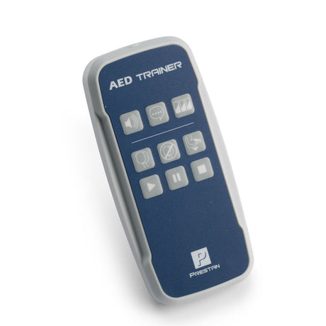 The blue and white Prestan Professional AED Trainer PLUS Remote, designed by Prestan for CPR training, features various control buttons for seamless operation.