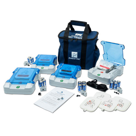 The Prestan Professional AED Trainer PLUS 4-Pack English/French by Prestan includes blue and white medical training kits with several devices, batteries, instructional papers, and blue carrying bags. These kits are designed for realistic training scenarios and feature clear voice prompts.