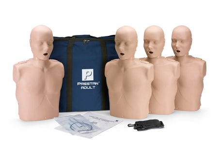 Four Prestan Professional Adult Series 2000 Training Manikins with a realistic skin-like finish are displayed in front of a blue Prestan bag, along with instructional materials.