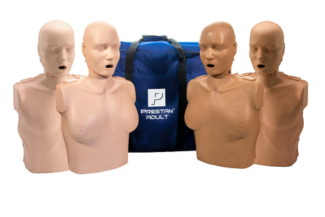 Four PRESTAN Professional Adult and Female Manikins from The AED Shop, all fitted with face-shield lung-bags for CPR training, are arranged in front of a blue Prestan bag.