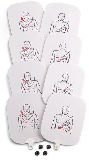 Illustration of a human torso showing the placement of Prestan AED UltraTrainer pads using labels and arrows, with Prestan AED UltraTrainer Adult/Child Replacement Training Pads and screws below.