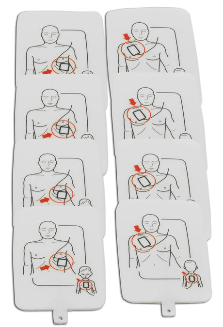 Illustrations on white cards demonstrating the placement of Prestan Professional AED Trainer Pads 4-pack (Adult/Child) by Prestan on an adult's chest in various orientations, ideal for CPR/AED classes.