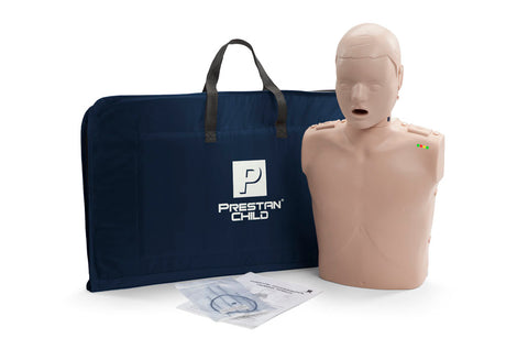The Prestan Professional CHILD CPR-AED Training Manikin by Prestan includes a carry case, an instruction booklet, and a CPR rate monitor. Additionally, it features a disposable face shield lung system for effective practice.