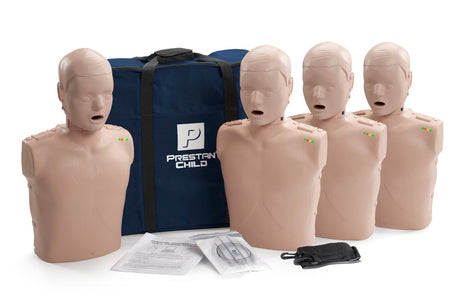 The Prestan Professional CHILD CPR-AED Training Manikin 4 pack includes four manikins, a blue Prestan carry bag, instructional materials, and a disposable face shield lung system for hygienic training.