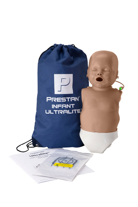 The PRESTAN INFANT Ultralite Manikin by Prestan includes a dark blue carrying bag, instructional materials, and options for different skin tones. Additionally, the package features an innovative CPR monitor to enhance learning effectiveness.