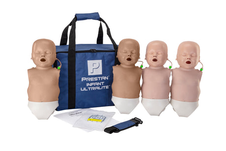 The PRESTAN INFANT Ultralite Manikin 4 Pack by Prestan includes four infant manikins in various skin tones, a blue carrying bag, and comprehensive instruction materials. This set also comes with a CPR monitor to facilitate effective lifesaving skills training.