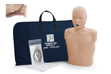 The Prestan Professional Adult Training Manikin with Jaw Thrust Head includes an instructional guide, comes in a sealed package, and features a blue carrying case labeled with "Prestan Professional Adult CPR-AED Training Manikin" along with characteristics such as the Jaw Thrust Head and visible chest rise.