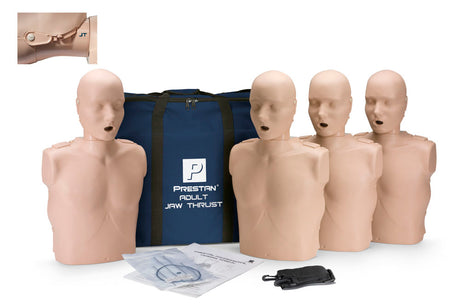 The Prestan Professional Adult Training Manikin With Jaw Thrust Head 4-Pack includes four Prestan manikins, a blue carrying bag, instructional materials, and a black strap.