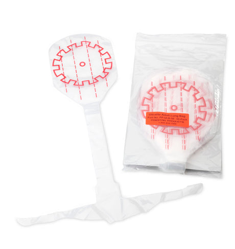 Displayed against a white background is a Prestan Ultralite Manikin Face Shield Lung Bag featuring white material with red markings and labeled as latex-free, situated next to its accompanying plastic packaging. This product, ideal for use with Prestan Ultralite Manikins, ensures optimal hygiene during training sessions.