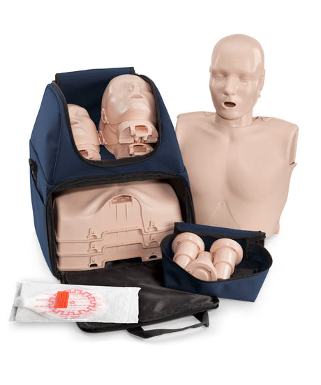 The Prestan Ultralite ADULT Manikin 4-Pack, along with accessories such as AED trainer pads, is conveniently displayed with a blue carrying bag.
