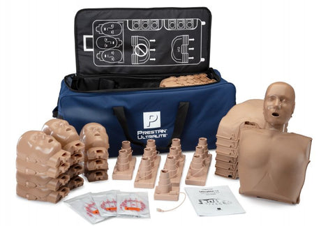 The Prestan Ultralite ADULT Manikin 12-Pack from Prestan boasts a lightweight design, offering realistic chest compressions. It comes neatly packed in a dark blue bag along with comprehensive instructional materials.