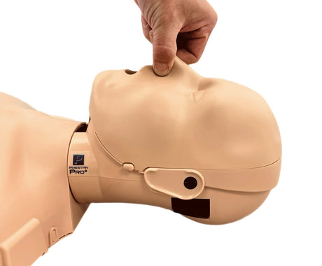 An AEDShop PRESTAN PRO+ Adult Head Single mannequin's head is gently tilted back by a hand during a demonstration, showcasing the correct technique before utilizing lung bags for practice.