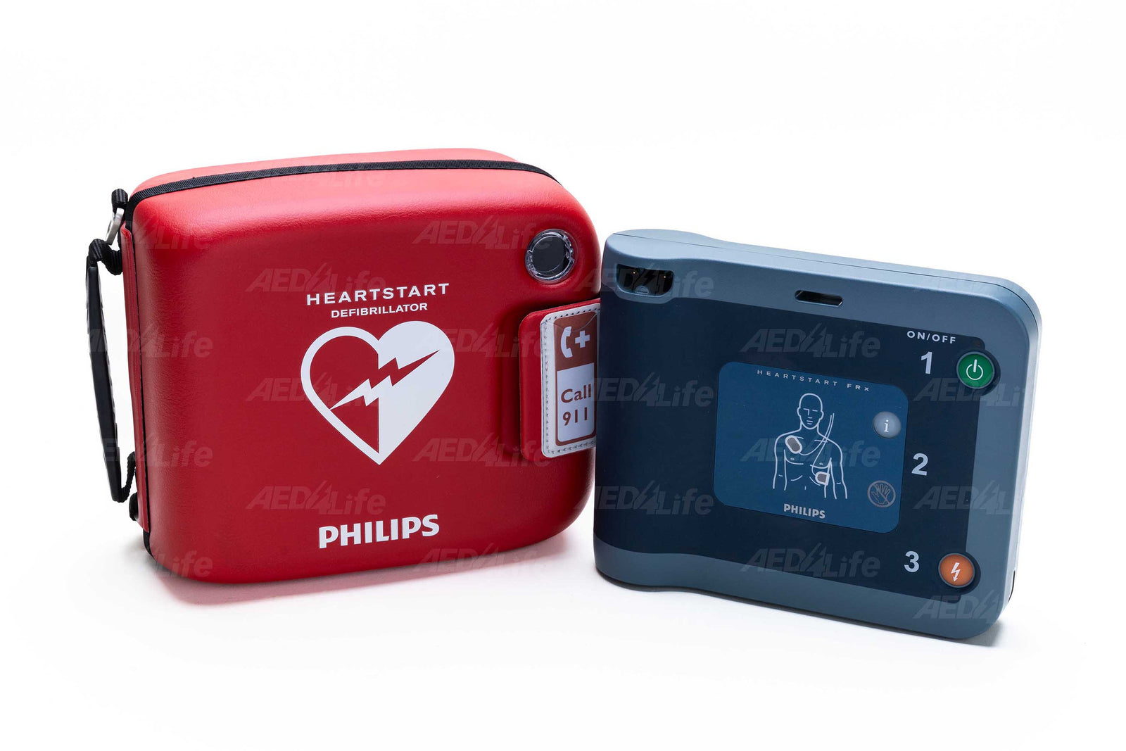 Red defibrillator case beside a blue Philips FRX Grab & Go AED Bundle by The AED Shop, featuring illustrated instructions.