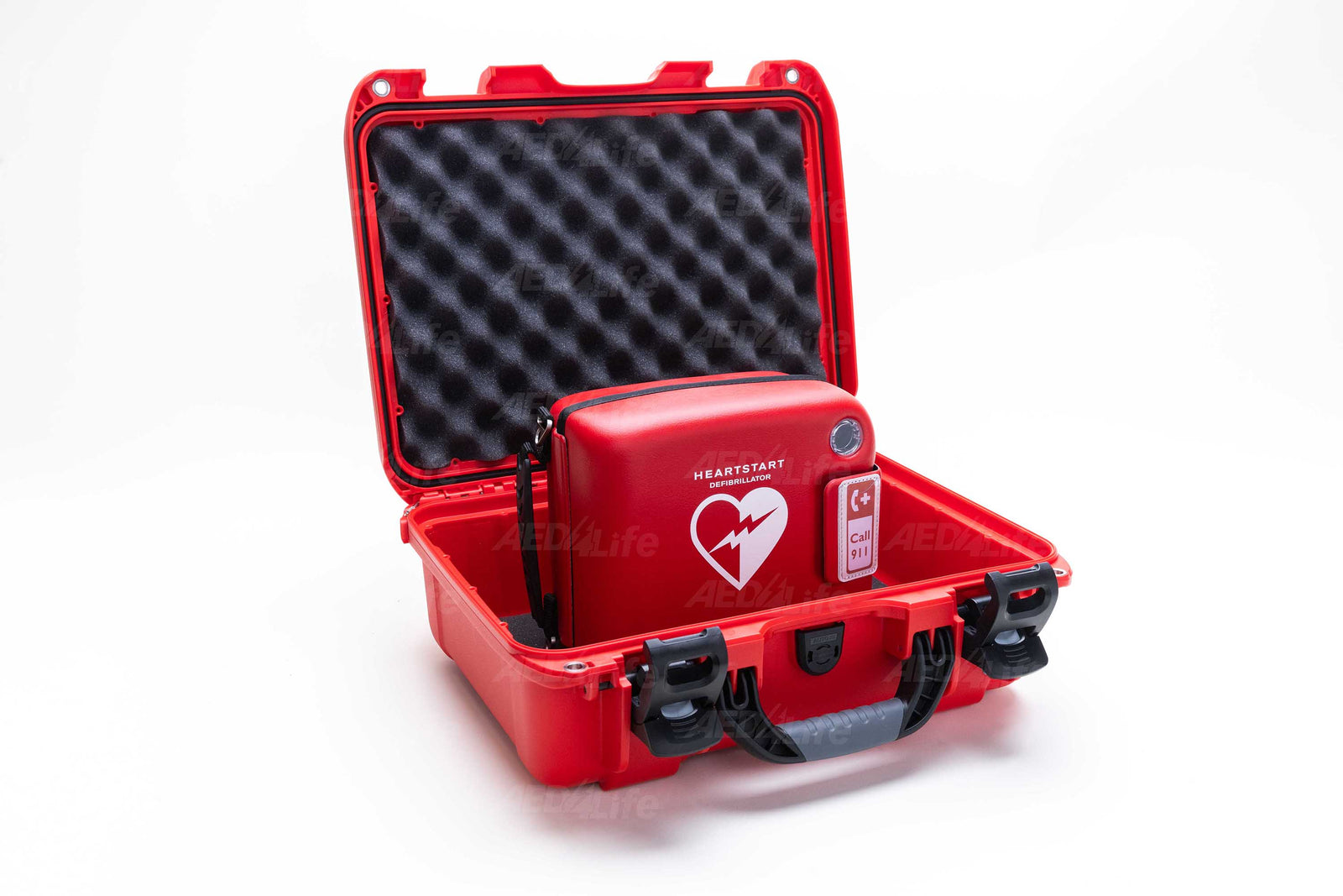 The AED Shop's Philips FRX Grab & Go AED Bundle, with heart symbol, is shown inside an open red padded carrying case on a white background.